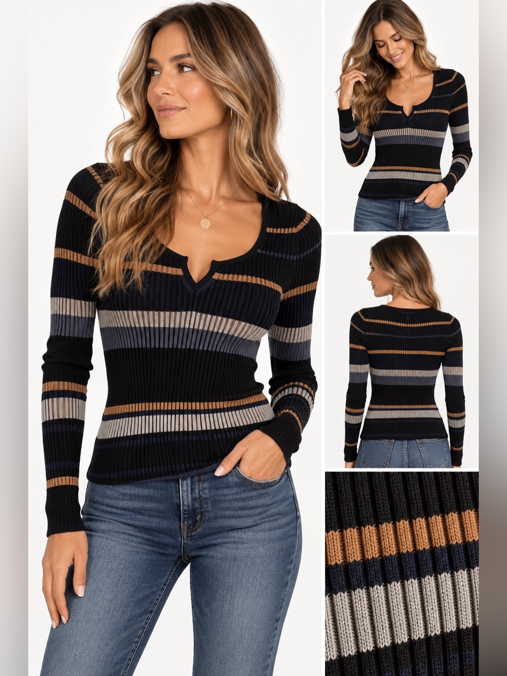 White House Black Market Black Striped Notch V-Neck Sweater